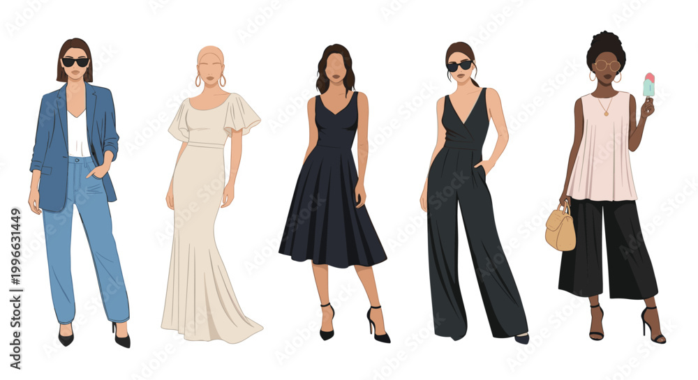 Fototapeta premium Five fashionable women in diverse stylish outfits including business casual, formal evening gown, cocktail dress, jumpsuit, and relaxed chic.