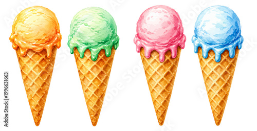 A playful watercolor collection of ice cream cones featuring colorful scoops with dripping glaze in pastel shades on crisp waffle cones illustrated in a sweet realistic style.
