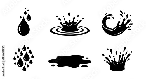 Obraz na plátně Black Water Splash and Liquid Drop Silhouette Icons - Vector Ink or Oil Splatter