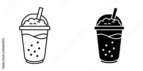 Slushy drink in disposable cup with straw and ice icon outline and silhouette vector set.