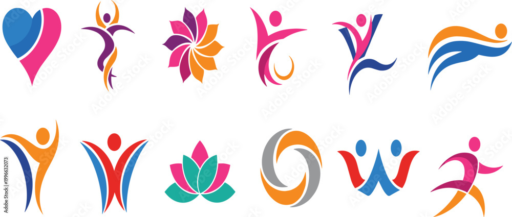Fototapeta premium Abstract Human Logo Set Featuring Colorful People Shapes, Heart, Lotus, Fitness, Yoga and Dynamic Movement Symbols for Wellness and Lifestyle Branding Design.