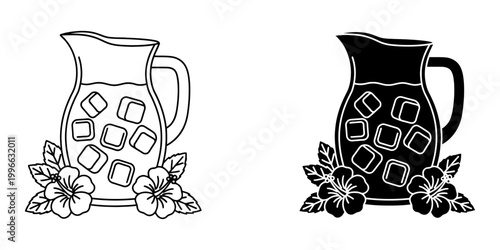 Iced hibiscus tea pitcher icon set with cooling ice cubes and tropical flower decorations black and white line art vector illustrations for summer beverage menu design elements isolated on white.