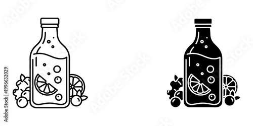Fruit soda bottle icon set with citrus slices and berry details black and white line art vector illustrations for refreshing beverage branding and cafe menu graphics isolated on white background.