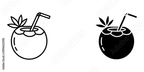 Coconut water drink icon set with straw and tropical leaf detail black and white line art vector illustrations for exotic beverage branding and summer vacation graphics isolated on white backdrop.