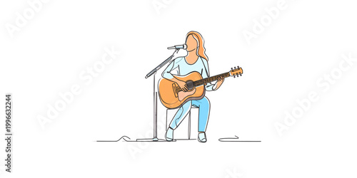 A musician playing an acoustic guitar on stage with a microphone stand nearby Vector