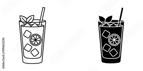 Mojito cocktail with mint leaves and lime slices in tall glass, ice cubes, and straw, vector outline and silhouette illustrations, ideal for cool drinks.