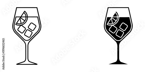 Elegant wine glass with bubbly drink ice cubes and citrus slice icon outline and solid fill vector.