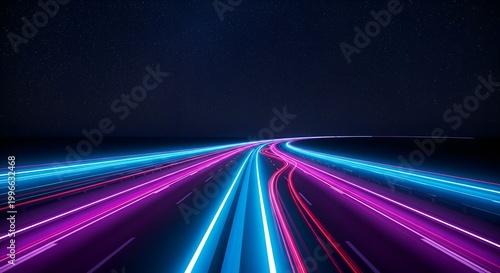 Futuristic Highway at Night with Neon Light Trails and Stars