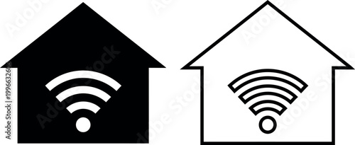 Two house icons with wi fi signals black and white representation