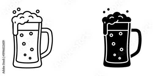 Beer mug icons set with bubbly drink and foam in outline and solid versions ideal for brewery emblems tavern signage pub menus and craft beer festivals collection of beverage symbols for designers.