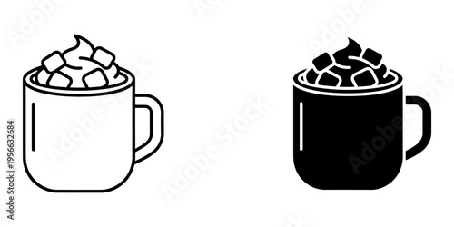 Hot chocolate mug with whipped cream and marshmallows icons in linear and solid styles for winter cafe menu design cozy cocoa beverage branding and seasonal drink graphics for holiday themes pack.