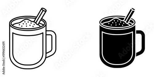 Cappuccino mug with cinnamon stick and powder icons in line art and silhouette styles for cafe branding coffee house menu design morning breakfast beverage graphics and hot drink symbol set pack.