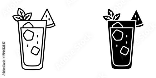 Watermelon mojito icon set with mint leaves and ice cubes for summer cocktail menu and cold beverage branding featuring outline and solid black filled glass illustrations on white background space.