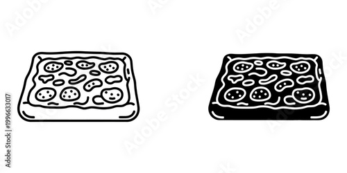 Square pizza icons in line and silhouette styles featuring deep dish thick crust and assorted vegetable toppings rectangular shaped italian flatbread vector illustration for restaurant and bakery.