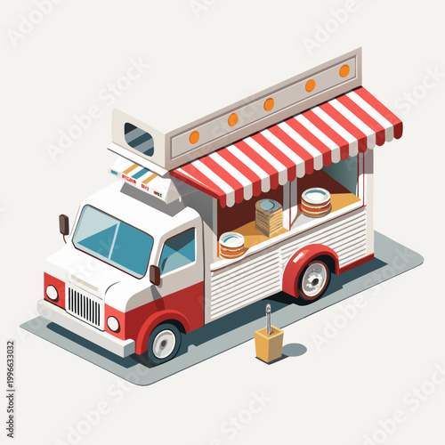 Retro food truck with awning serving street food, isometric vector illustration