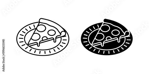 Pizza slice on paper plate icon set with outline and solid versions featuring melted cheese and pepperoni toppings triangle piece of italian food vector illustration for takeaway and fast dining.