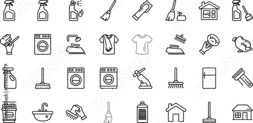 Photos Cleaning supplies and household items icon set in black and white