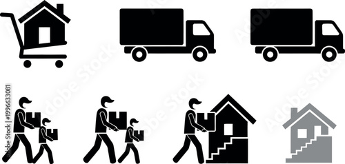 Moving and delivery services icons house trucks and people carrying boxes