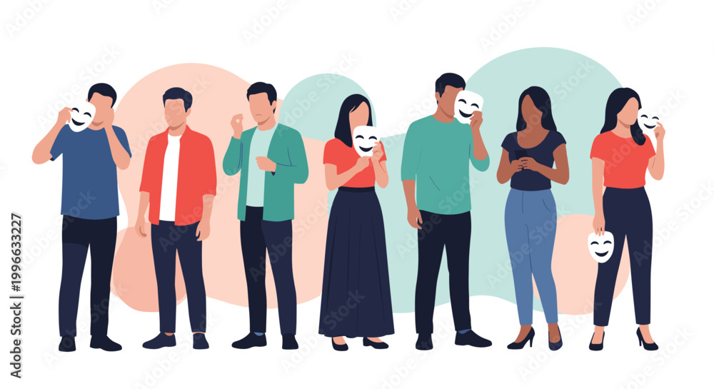 Fototapeta premium Group of diverse people standing together while some hide their real worried faces behind smiling theatrical masks.
