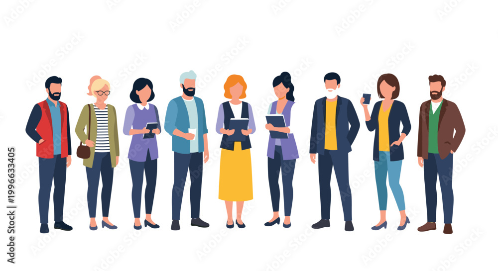 Obraz premium Collection of diverse people standing in a line wearing casual and professional outfits, ideal for community or workforce themes.