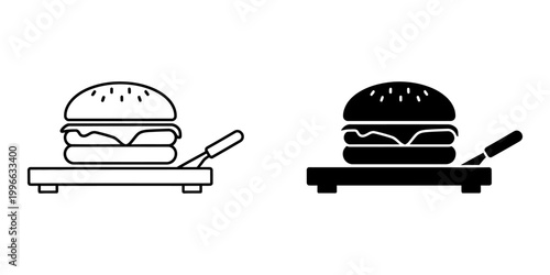 Hamburger on wooden serving board with knife icon set in line and solid style representing gourmet burger presentation for pub menus and culinary branding featuring stacked ingredients on platter.