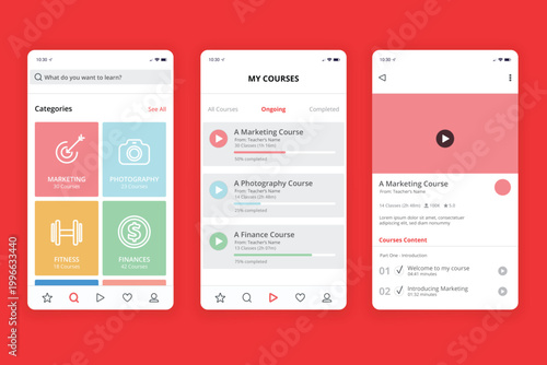 A modern mobile app onboarding screen with a clean interface layout and vibrant colors, showcasing various courses and educational resources, ideal for digital learning platforms and UI UX design.