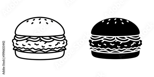 Chicken burger icon set in outline and glyph style showing crispy fried patty with lettuce and vegetables inside a sesame bun for fast food branding and bistro menu design across various media.