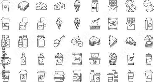 Hand Drawn Food and Drink Icon Set with Snacks, Desserts, Beverages, and Fast Food Outline Illustrations for Menu Design, Cafe Graphics, and Culinary Projects