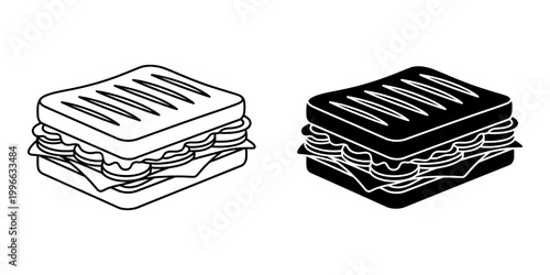 Panini sandwich icon set in outline and black silhouette style showing toasted grill marks on bread with fillings for cafe menus and deli shop branding including vegetable and cheese layers.