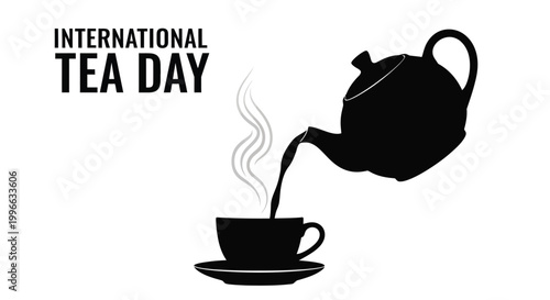 International Tea Day graphic illustrating a teapot pouring steaming hot tea into a classic cup.