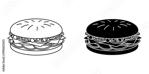 Burger icon with both outline and glyph style in a set, classic round sandwich with a patty, cheese, lettuce, and other toppings, often served on a bun, popular fast food item.