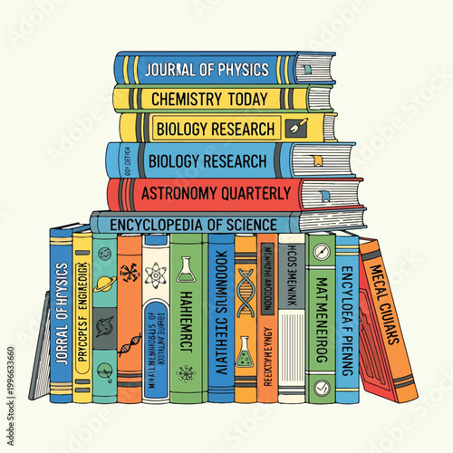 Foto A stack of colorful books on scientific subjects
