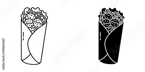 Doner kebab and falafel wrap icons set in outline and silhouette style for food and cuisine designs.
