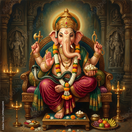 Lord Ganesha seated on an ornate throne with traditional offerings, lamps, and divine aura