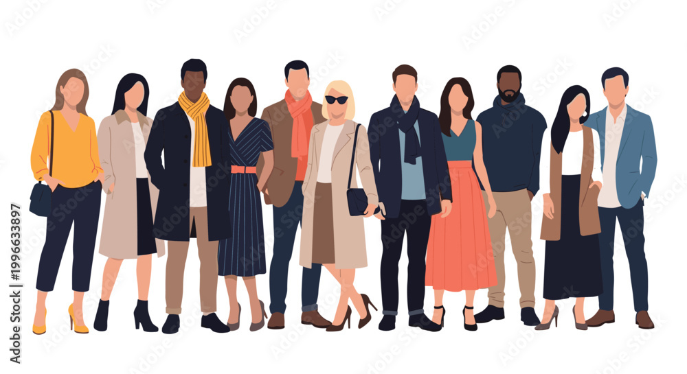 Fototapeta premium Large group of diverse people in stylish autumn and winter clothing standing together to represent a modern and inclusive community.