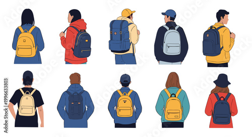 People seen from a rear view wearing a variety of functional and stylish backpacks for travel, school, or outdoor adventures.