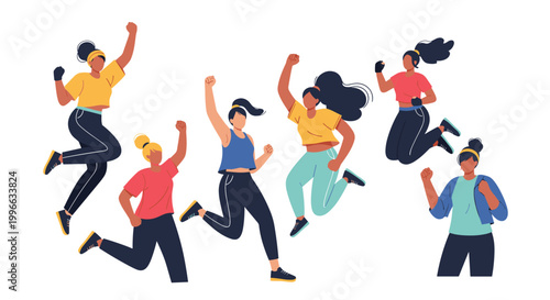Group of energetic women jumping high in the air with excitement and joy, celebrating success or a fitness milestone together.