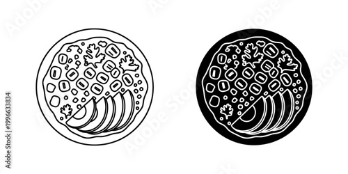 Nacho platter icons set in outline and silhouette style for Mexican food and cuisine designs.