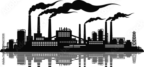 Industrial factory skyline silhouette with smoke pollution vector illustration, heavy industry plant with chimneys emitting emissions, environmental contamination concept isolated on white 