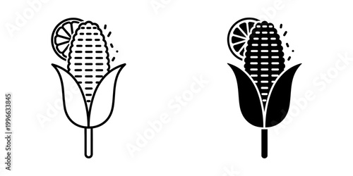 Mexican street corn elote with lime and chili powder icon in outline and solid styles for food branding or menu design projects featuring traditional roasted maize snack on stick with husk details.