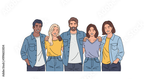 Group of diverse friends standing close together with arms around each other, smiling for a group photo in a flat vector style.