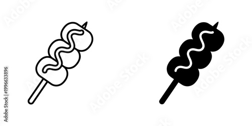Asian meatball skewer with sauce drizzle icon set in thin line and glyph styles for street food labels or food court menu icons representing grilled meatballs on bamboo stick with savory dressing.