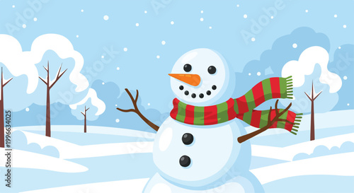 Billede på lærred A cheerful snowman in a snowy landscape with trees