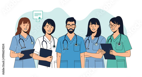 Team of diverse medical professionals including doctors and nurses in scrubs and lab coats holding clipboards in a hospital setting.