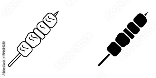 Grilled meat skewer shashlik or souvlaki vector design, traditional eastern european or mediterranean cuisine food illustration in doodle outline and glyph style.
