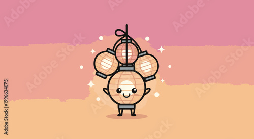 Cute Cartoon Character Holding Balloons In Pastel Scene.