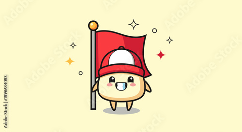 Cute Cartoon Character Holding Red Flag Mascot.