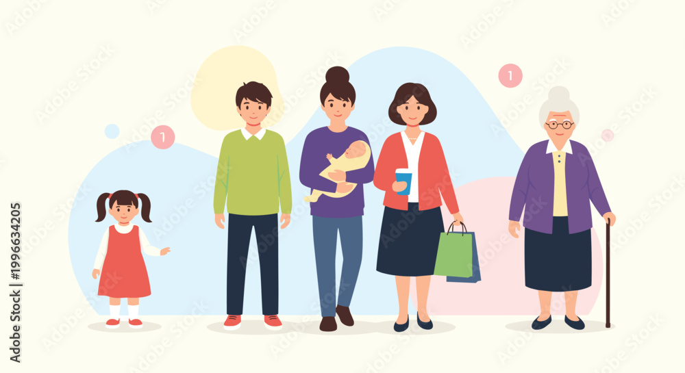 Obraz premium Illustration depicting the cycle of life from childhood and youth to motherhood, adulthood, and finally the elderly stage with a cane.