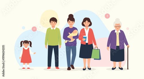 Illustration depicting the cycle of life from childhood and youth to motherhood, adulthood, and finally the elderly stage with a cane.