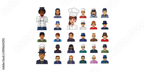 Diverse collection of cartoon characters dressed in various outfits and poses Vector